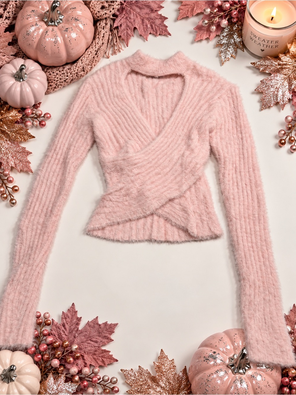 Feminine Pink Faux-Fur Wrap Sweater